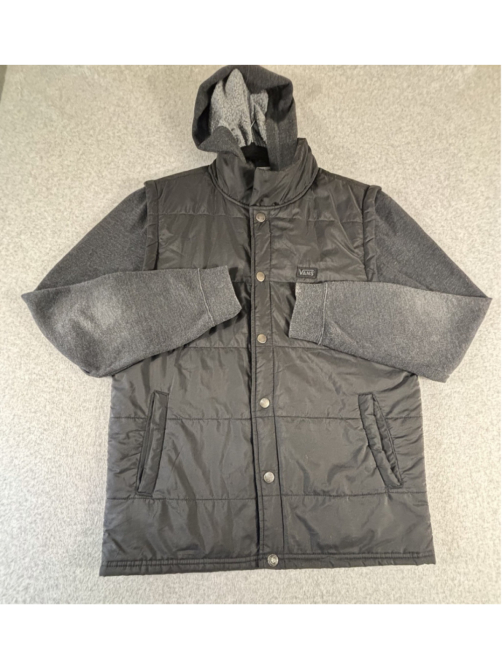 Vans Hooded Puffer Jacket‎ Mens Medium Black Gray Snap Front Fleece Lined